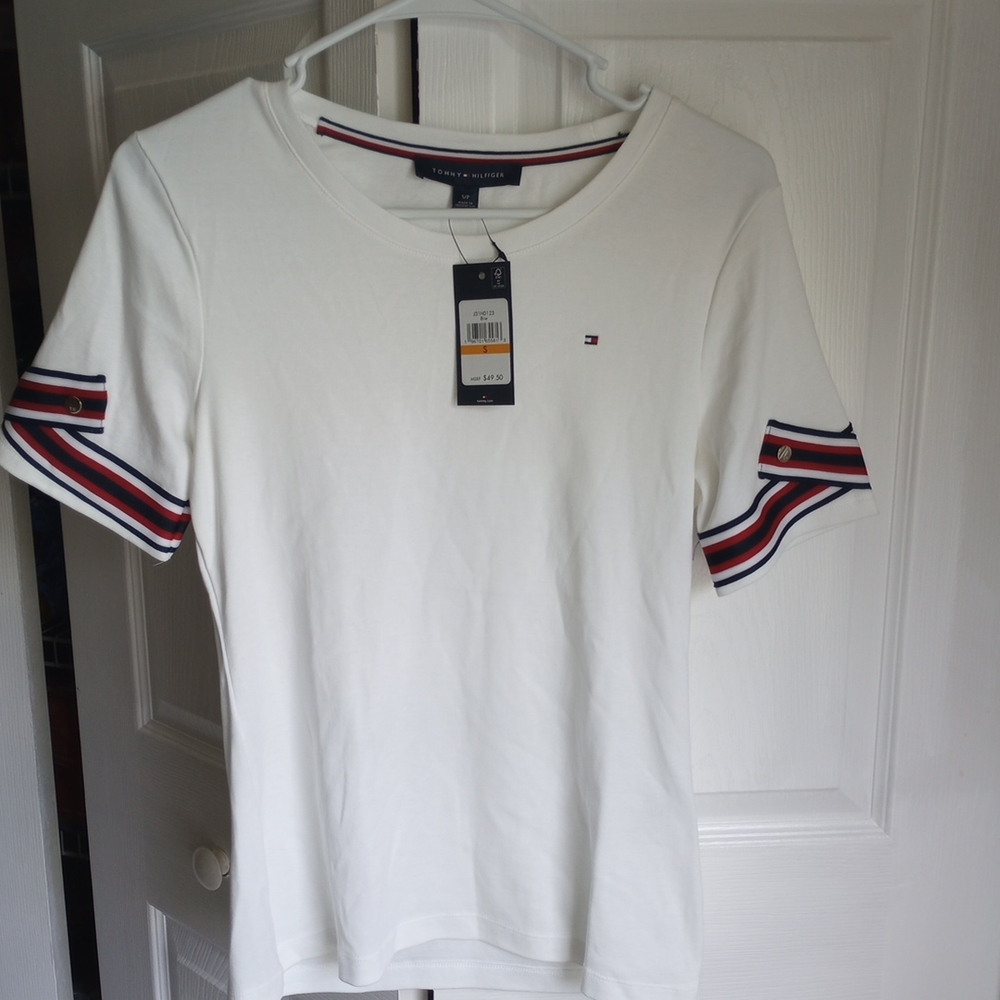 Tommy Hilfiger Classic White Tee with Striped Accents